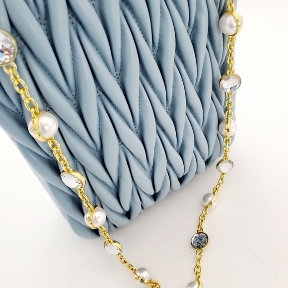 Women's Blue Pleaded Faux Leather Tote Handbag with Pearl Chain Strap - Picture 3 of 9